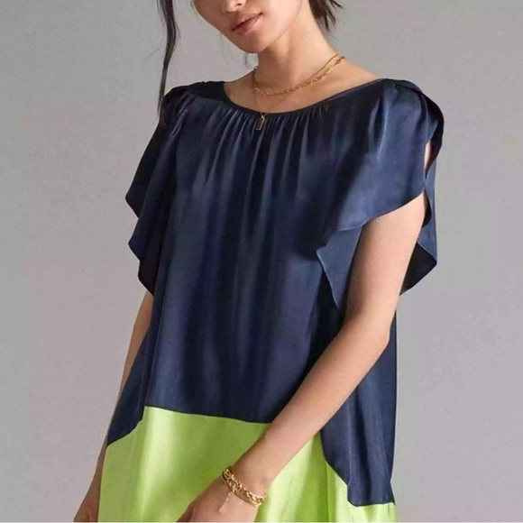 Anthropologie Maeve Satin-like Color Block Tunic Navy and Green sz MEDIUM - Picture 6 of 8